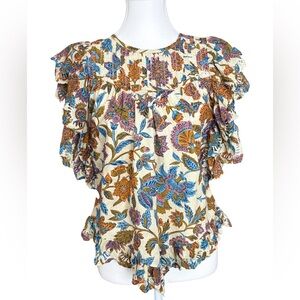 Love the Label Floral Ruffle Sleeve Boho Blouse Cotton Embroidered Size Small